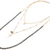 Collier-Multi-Rangs-Chaines-Metal-Dore-avec-Perles-Noires-Croix-et-Pierre