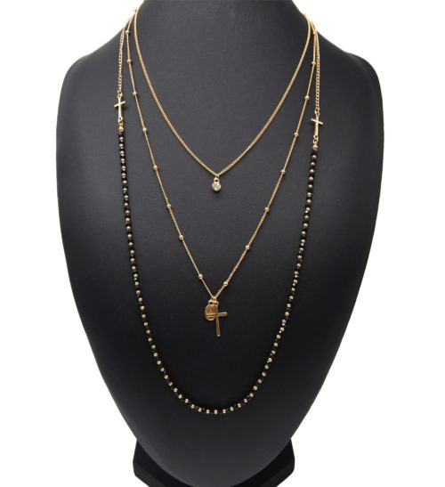 Collier-Multi-Rangs-Chaines-Metal-Dore-avec-Perles-Noires-Croix-et-Pierre