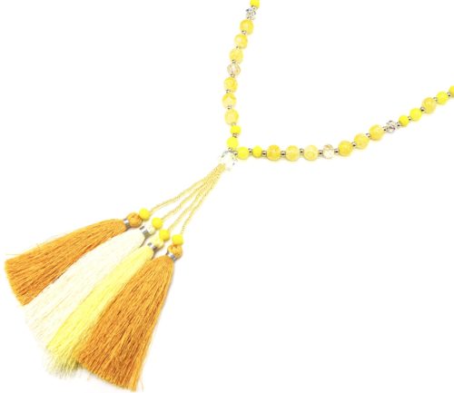 Sautoir-Collier-Perles-et-Pierres-Effet-Marbre-avec-Multi-Pompons-Fils-Jaune-Orange