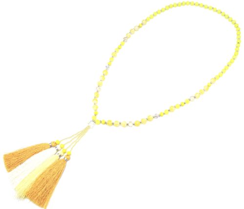 Sautoir-Collier-Perles-et-Pierres-Effet-Marbre-avec-Multi-Pompons-Fils-Jaune-Orange