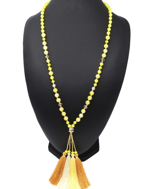 Sautoir-Collier-Perles-et-Pierres-Effet-Marbre-avec-Multi-Pompons-Fils-Jaune-Orange