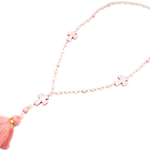 Sautoir-Collier-Perles-Assorties-avec-Triple-Croix-Pierres-Effet-Marbre-et-Pompon-Fils-Rose