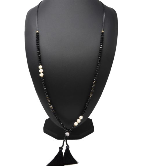 Sautoir-Collier-Cordons-Perles-Brillantes-avec-Perles-Eau-Douce-et-Pompons-Noir