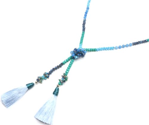Sautoir-Collier-Mini-Perles-Brillantes-avec-Perles-Eau-Douce-et-Pompons-Bleu
