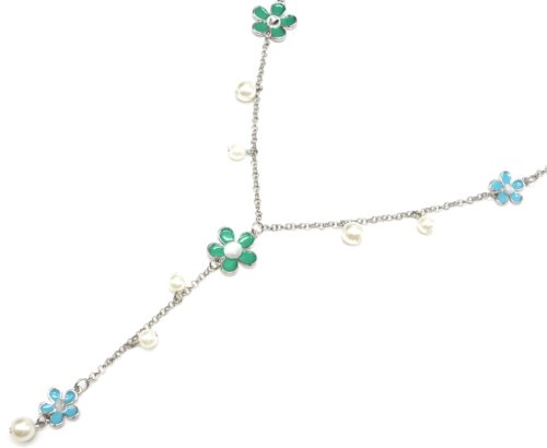 Sautoir-Collier-Y-Chaine-Metal-Argente-avec-Multi-Fleurs-Vert-Bleu-et-Perles-Ecru
