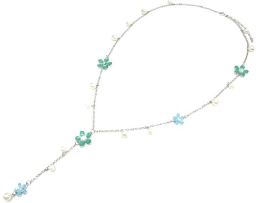 Sautoir-Collier-Y-Chaine-Metal-Argente-avec-Multi-Fleurs-Vert-Bleu-et-Perles-Ecru