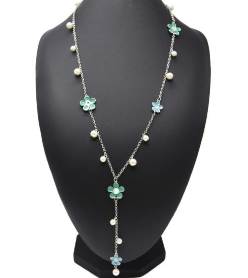 Sautoir-Collier-Y-Chaine-Metal-Argente-avec-Multi-Fleurs-Vert-Bleu-et-Perles-Ecru