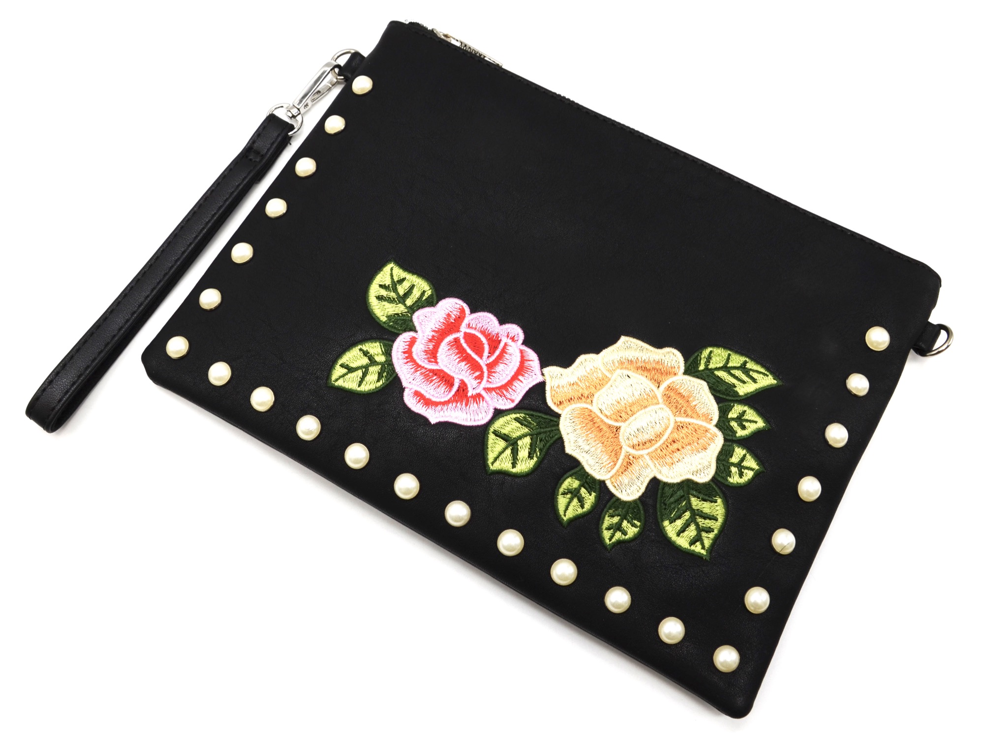 Pochette-Sac-Moyen-Bandouliere-Simili-Cuir-Noir-avec-Broderies-Fleurs-et-Perles