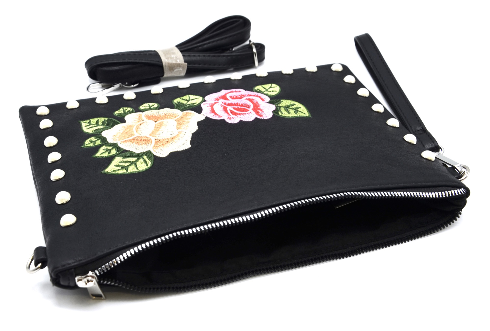 Pochette-Sac-Moyen-Bandouliere-Simili-Cuir-Noir-avec-Broderies-Fleurs-et-Perles