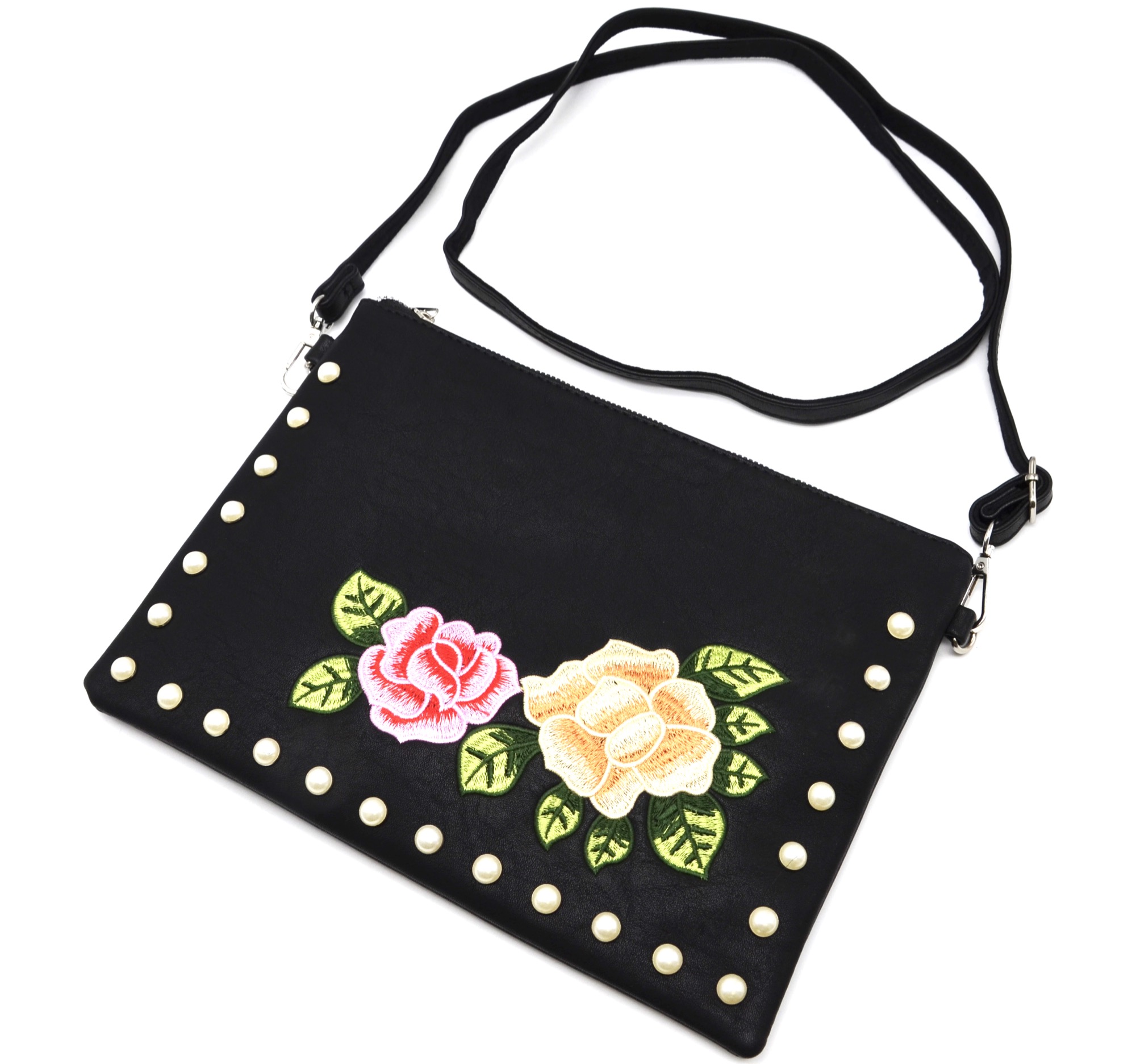 Pochette-Sac-Moyen-Bandouliere-Simili-Cuir-Noir-avec-Broderies-Fleurs-et-Perles