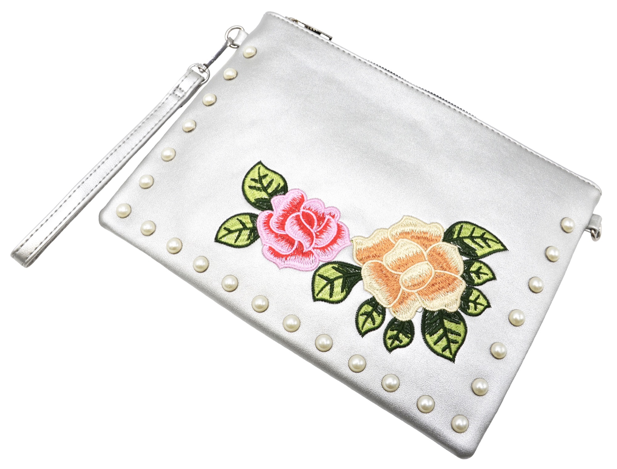 Pochette-Sac-Moyen-Bandouliere-Simili-Cuir-Argente-avec-Broderies-Fleurs-et-Perles