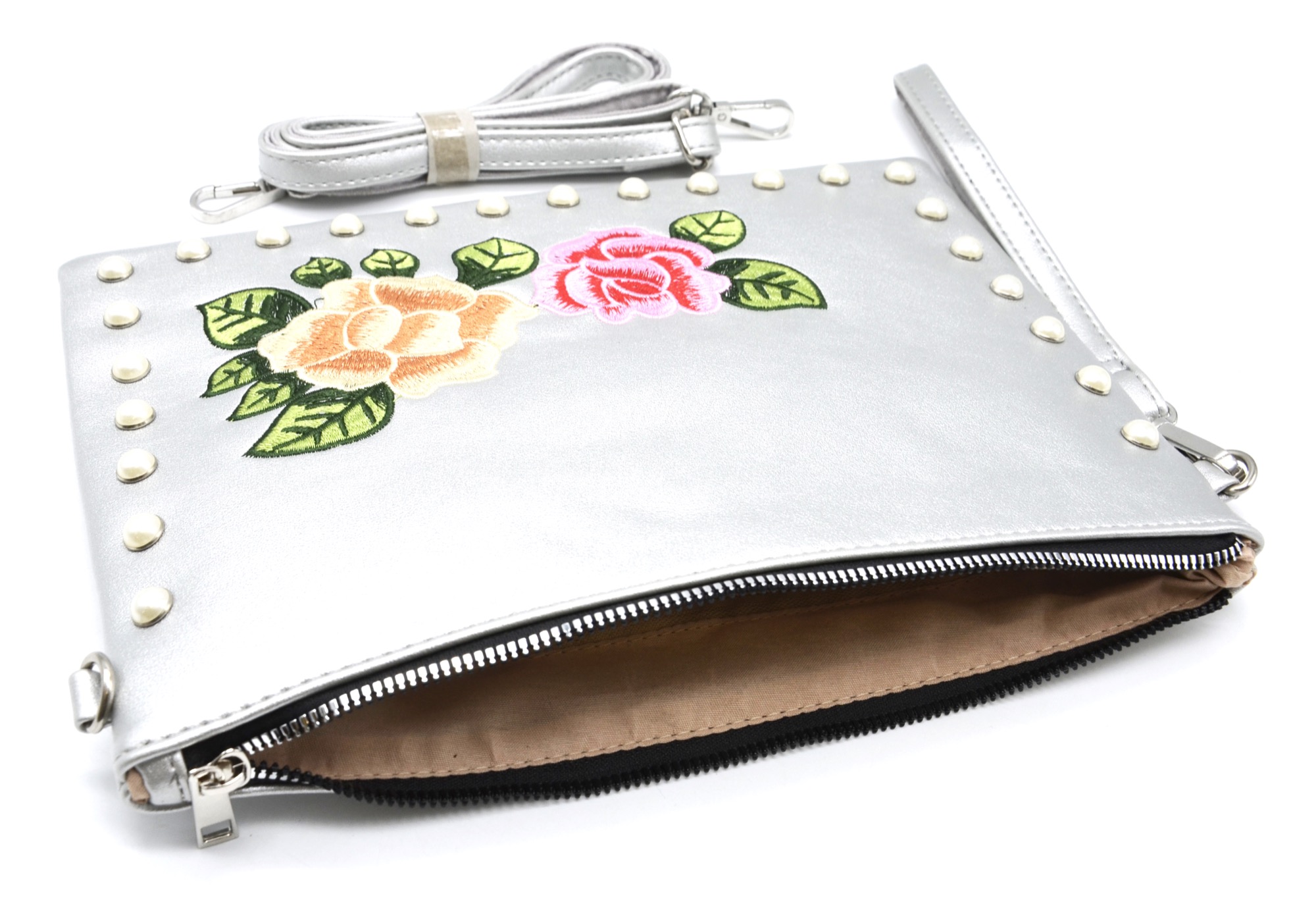 Pochette-Sac-Moyen-Bandouliere-Simili-Cuir-Argente-avec-Broderies-Fleurs-et-Perles