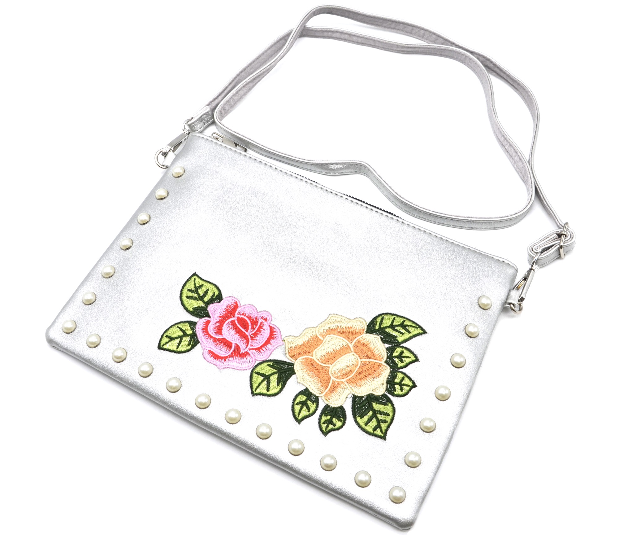 Pochette-Sac-Moyen-Bandouliere-Simili-Cuir-Argente-avec-Broderies-Fleurs-et-Perles