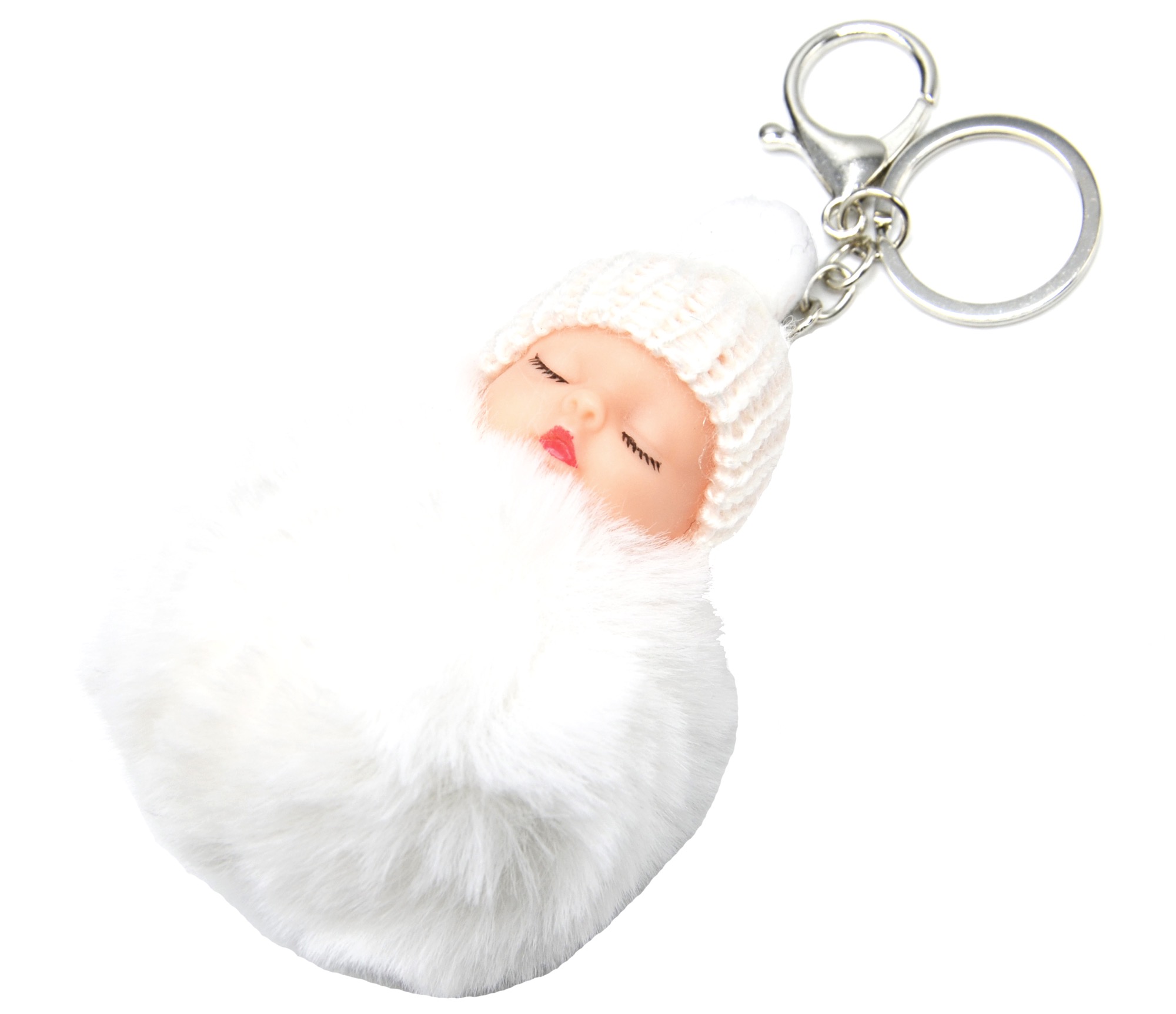 Pt1611f Porte Cles Bijou De Sac Bebe Endormi Avec Bonnet Et Pompon Fourrure Blanc Oh My Shop