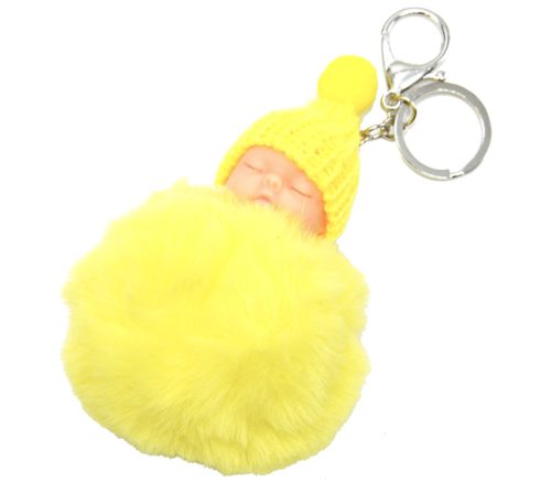 Porte-Cles-Bijou-de-Sac-Bebe-Endormi-avec-Bonnet-et-Pompon-Fourrure-Jaune