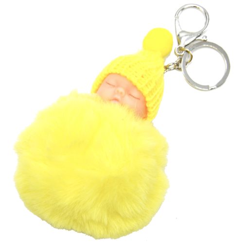 Porte-Cles-Bijou-de-Sac-Bebe-Endormi-avec-Bonnet-et-Pompon-Fourrure-Jaune