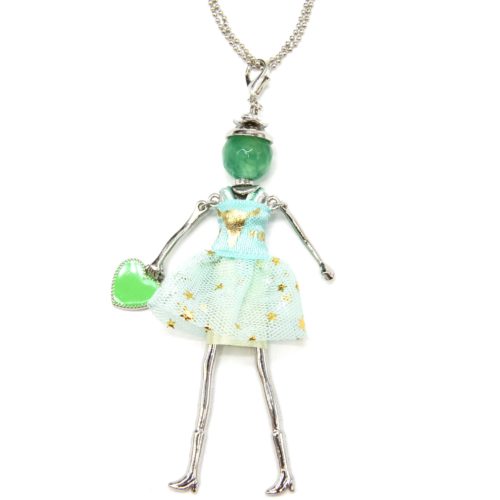 Sautoir-Collier-Pendentif-Poupee-Articulee-Robe-Tulle-Vert-Mint-Motif-Etoiles-avec-Coeur