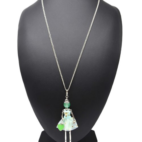 Sautoir-Collier-Pendentif-Poupee-Articulee-Robe-Tulle-Vert-Mint-Motif-Etoiles-avec-Coeur