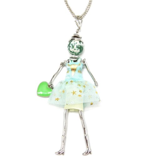 Sautoir-Collier-Pendentif-Poupee-Articulee-Robe-Tulle-Vert-Mint-Motif-Etoiles-avec-Coeur