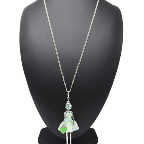 Sautoir-Collier-Pendentif-Poupee-Articulee-Robe-Tulle-Vert-Mint-Motif-Etoiles-avec-Coeur