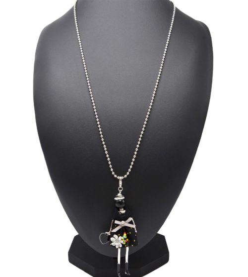 Sautoir-Collier-Pendentif-Poupee-Articulee-Robe-Tissu-Col-Noir-avec-Jupe-Clous-Fleur