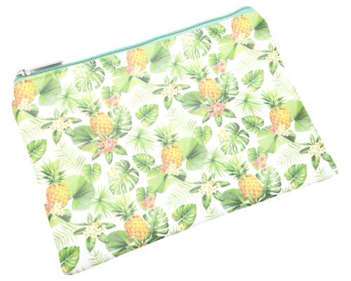 Trousse-Pochette-Souple-Blanc-Imprime-Ananas-et-Feuilles-Vertes