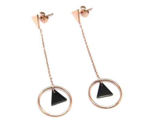 Boucles-dOreilles-Pendantes-avec-Fine-Chaine-Triangle-Noir-et-Cercle-Acier-Or-Rose