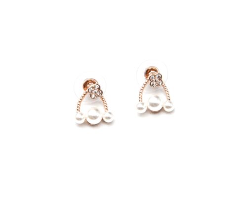 Boucles-dOreilles-Balancier-Mini-Trefle-Strass-Zirconium-Or-Rose-et-Perles-Blanches