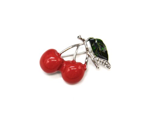 Broche-Epingle-Cerises-Metal-Peint-Rouge-et-Tiges-Metal-Strass-Argente