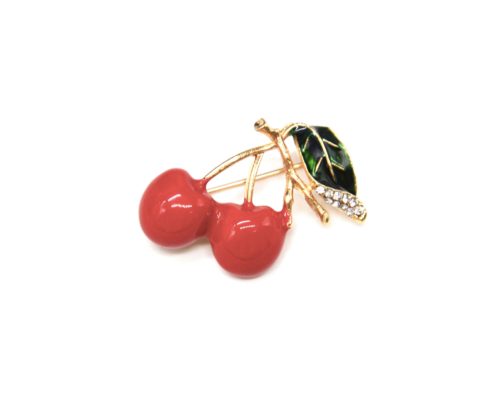 Broche-Epingle-Cerises-Metal-Peint-Rouge-et-Tiges-Metal-Strass-Dore