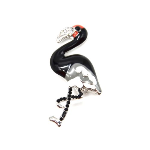 Broche-Epingle-Flamant-Rose-Metal-Peint-Noir-et-Strass-Noir-Argente