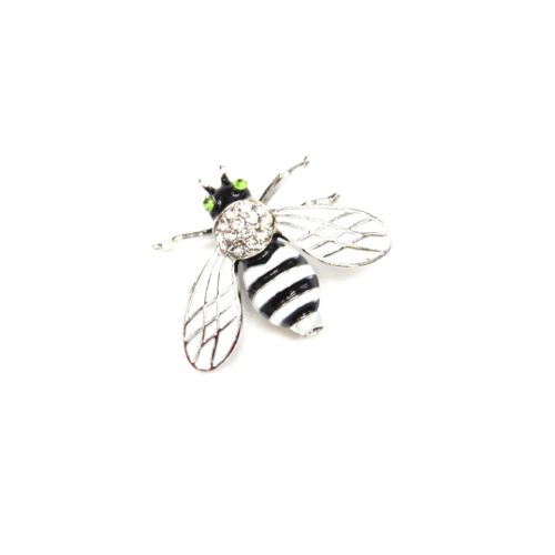 Broche-Epingle-Abeille-Rayures-Metal-Peint-Blanc-Noir-et-Strass-Argente