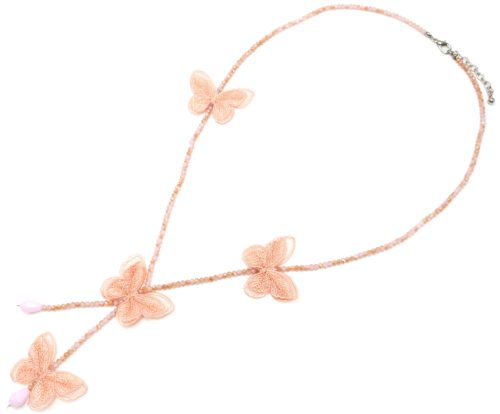 Sautoir-Collier-Y-Mini-Perles-Brillantes-avec-Papillons-Rose-Saumon-Broderie-et-Organza