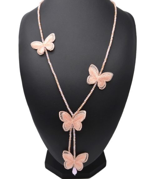 Sautoir-Collier-Mini-Perles-Brillantes-avec-Pendentif-Y-Papillons-Rose-Saumon-Broderie-et-Organza