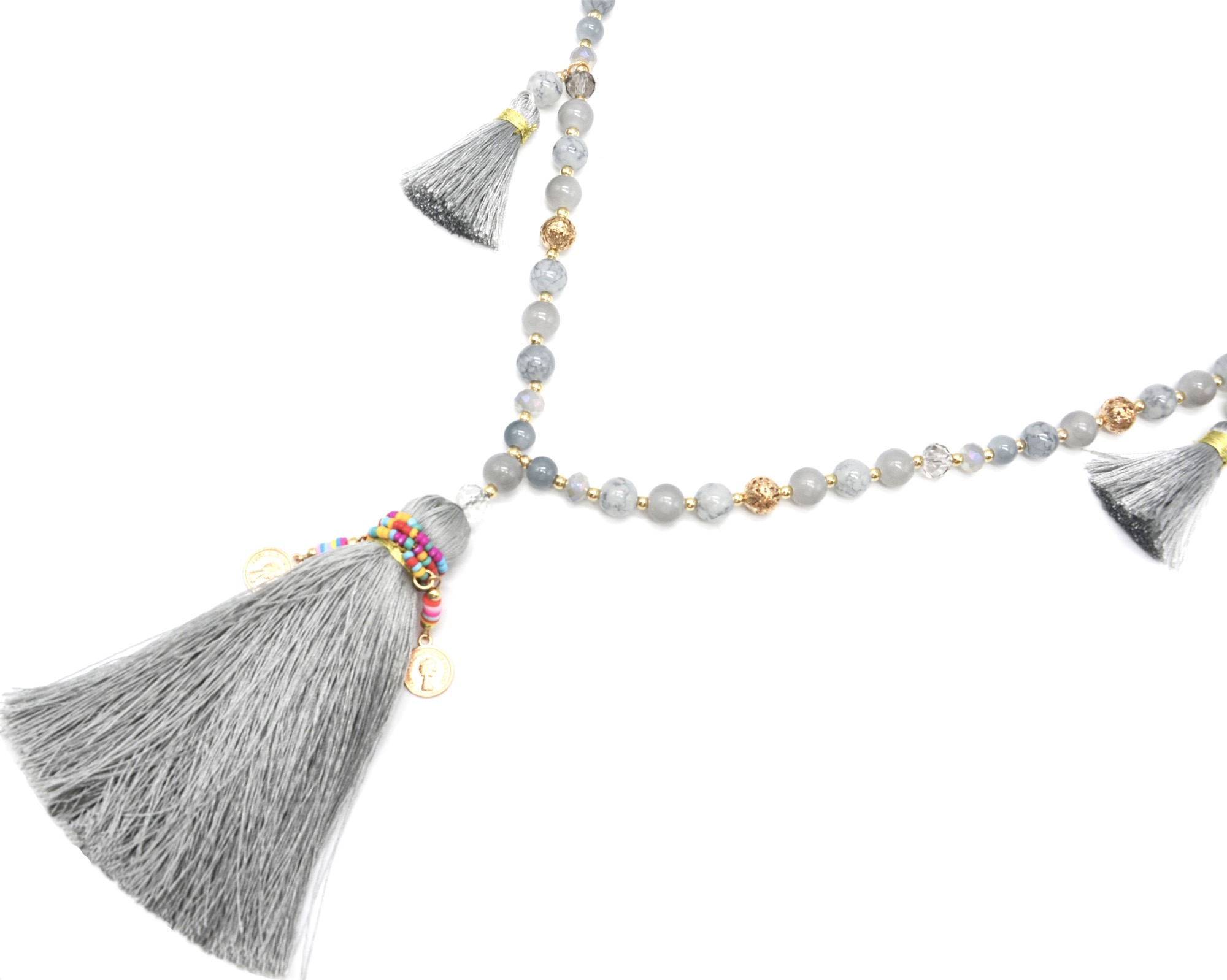 CL1899F Sautoir Collier Cordons Perles avec Boules et Multi Pompons Fils Gr...