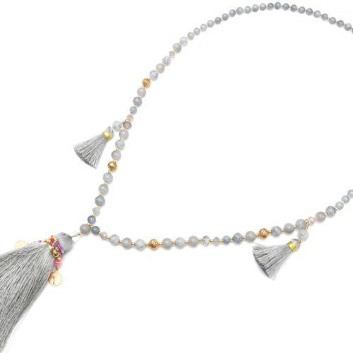 Sautoir-Collier-Perles-Verre-avec-Pompons-Fils-Gris-et-Perles-Rocaille-Multicolore