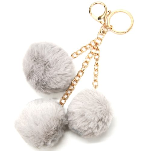 Porte-Cles-Bijou-de-Sac-Triple-Pompons-Fourrure-Gris-et-Chaines-Metal-Dore