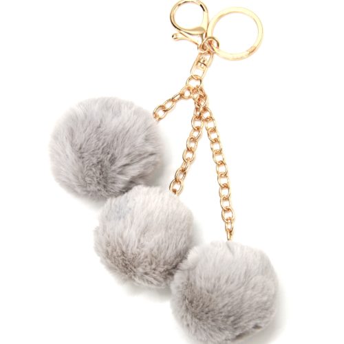 Porte-Cles-Bijou-de-Sac-Triple-Pompons-Fourrure-Gris-et-Chaines-Metal-Dore