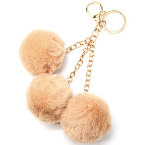 Porte-Cles-Bijou-de-Sac-Triple-Pompons-Fourrure-Beige-et-Chaines-Metal-Dore