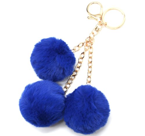 Porte-Cles-Bijou-de-Sac-Triple-Pompons-Fourrure-Bleu-Marine-et-Chaines-Metal-Dore