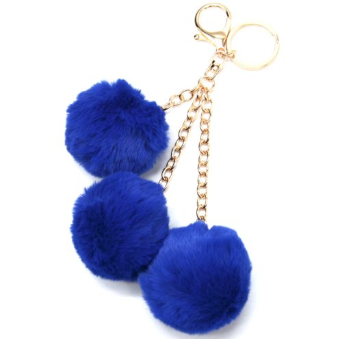 Porte-Cles-Bijou-de-Sac-Triple-Pompons-Fourrure-Bleu-Marine-et-Chaines-Metal-Dore