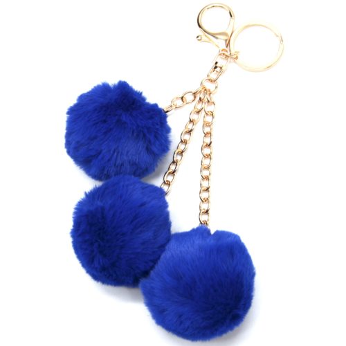 Porte-Cles-Bijou-de-Sac-Triple-Pompons-Fourrure-Bleu-Marine-et-Chaines-Metal-Dore