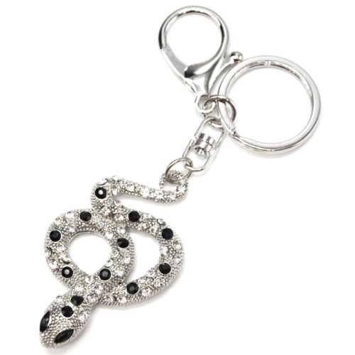 Porte-Cles-Bijou-de-Sac-Serpent-Enroule-Strass-et-Metal-Argente-Noir