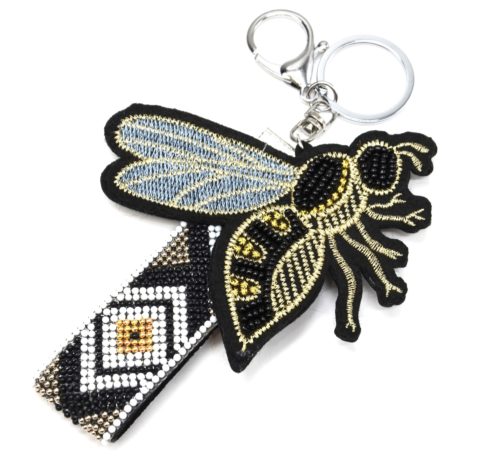 Porte-Cles-Bijou-de-Sac-Abeille-XXL-Feutrine-Broderie-Dore-et-Perles-Noir-Blanc