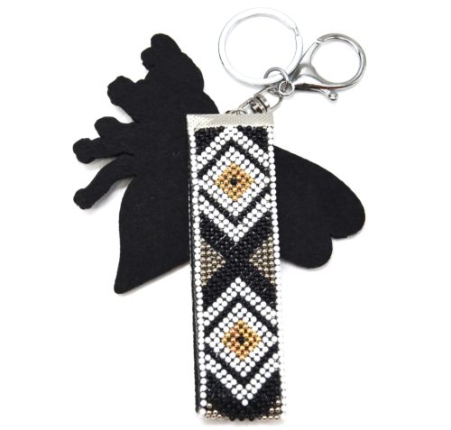 Porte-Cles-Bijou-de-Sac-Abeille-XXL-Feutrine-Broderie-Dore-et-Perles-Noir-Blanc