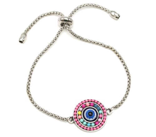 Bracelet-Chaine-Ajustable-avec-Cercle-Perles-Multicolore-et-Pierre-Oeil-Metal-Argente