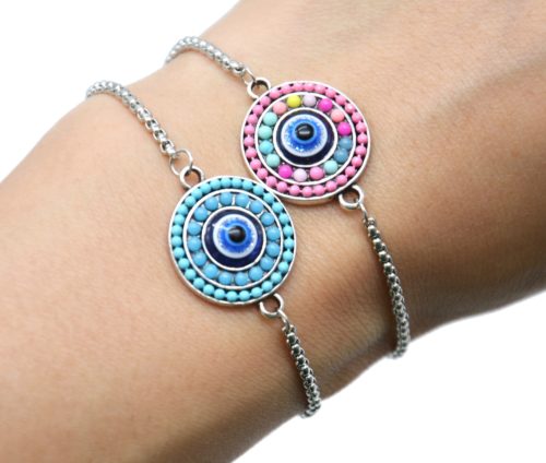 Bracelet-Chaine-Ajustable-avec-Cercle-Perles-et-Pierre-Oeil-Metal-Argente
