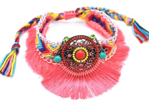 Bracelet-Manchette-Bresilien-Fils-Tresses-avec-Cercle-Pierres-Perles-et-Pompons-Corail