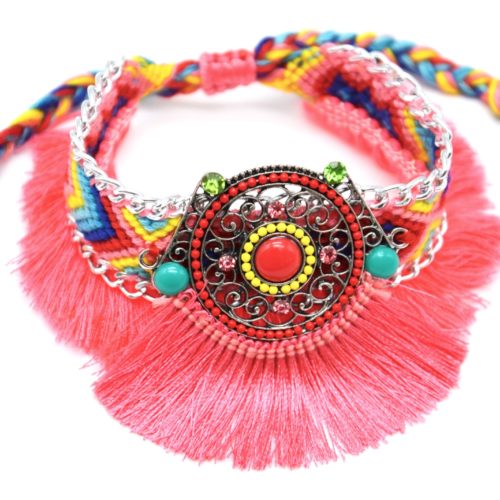 Bracelet-Manchette-Bresilien-Fils-Tresses-avec-Cercle-Pierres-Perles-et-Pompons-Corail