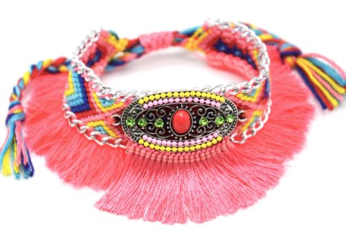 Bracelet-Manchette-Bresilien-Fils-Tresses-avec-Ovale-Pierres-Perles-et-Pompons-Corail